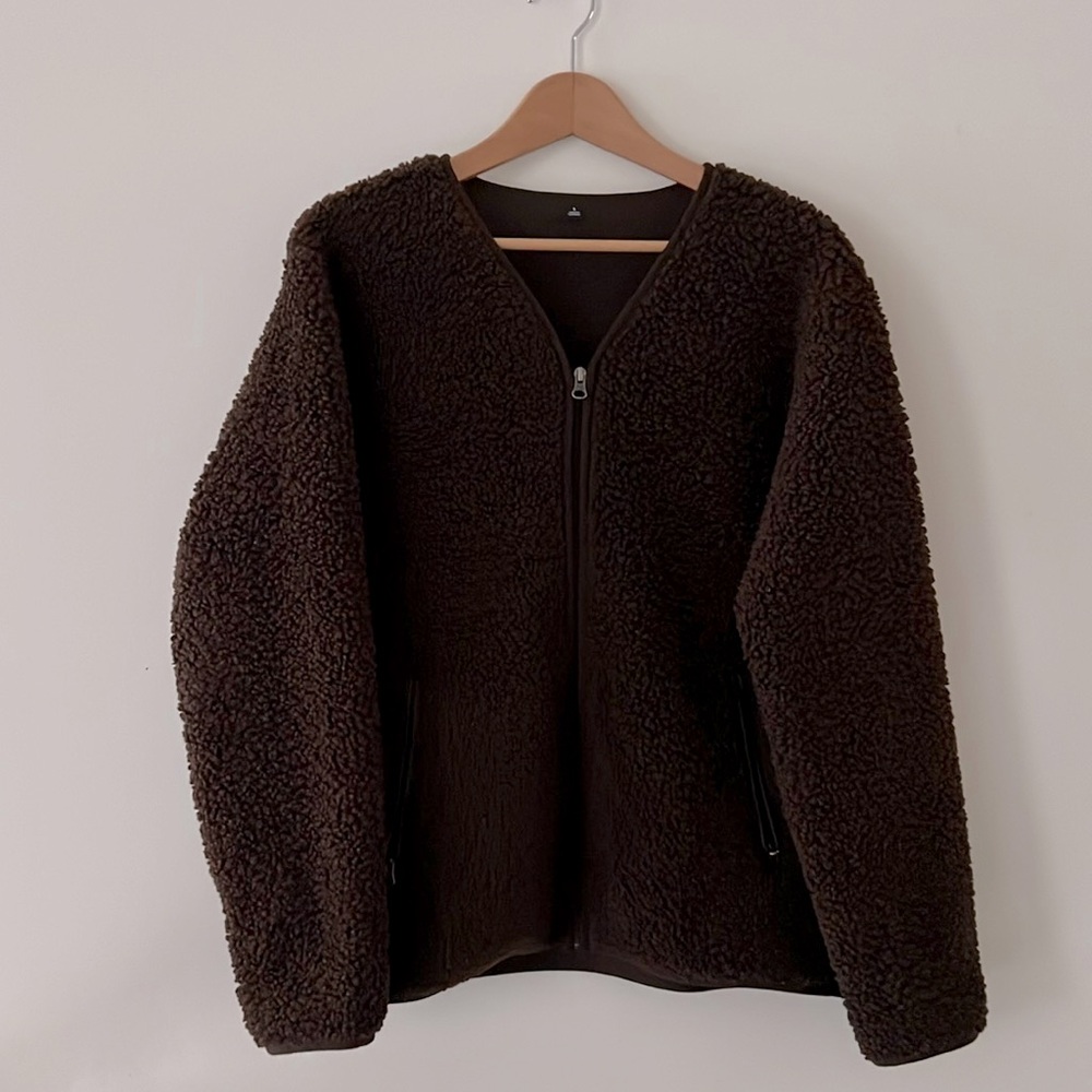 UNIQLO PILE LINED Fleece Sherpa Jacket Full zip Cardigan/Dark Brown Size S